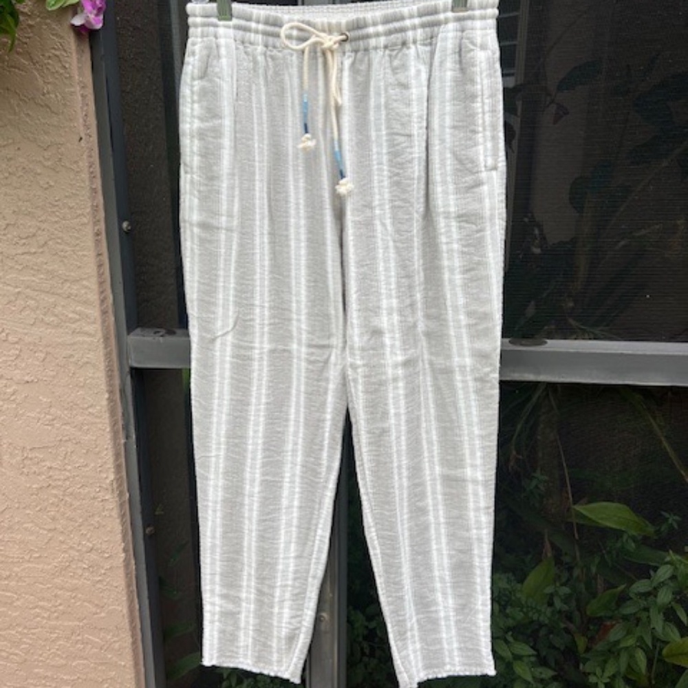 Faherty Cream Striped Pull-On Trousers